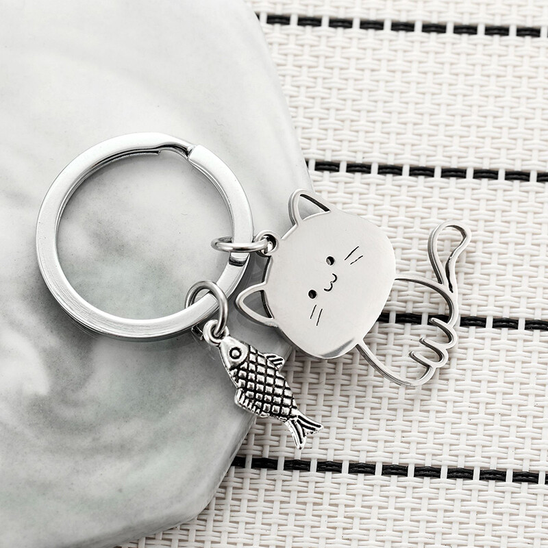 Funny Cartoon Fish Cat Keychain Couple Stainless Steel Keyring Lovely