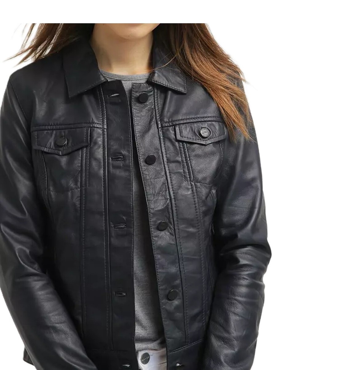 Women's Real Leather Black Trucker Jacket Soft Lambskin Jean Style