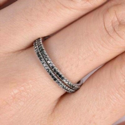 Bridal Set 2.15Ct Round Black Simulated Eternity Band Ring 14K White Gold Finish