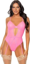 Forplay Neon Pink gartered Bodysuit teddy New