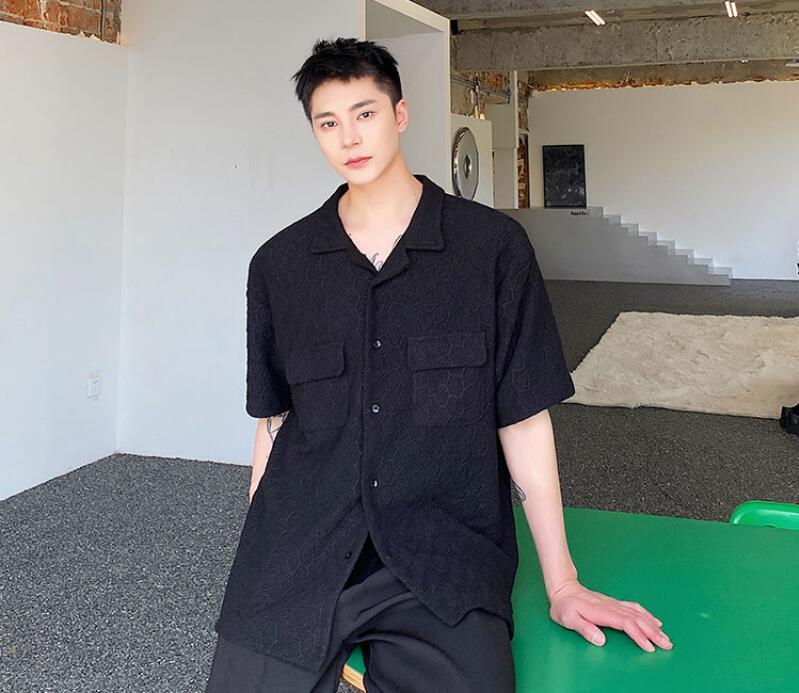 Men's Fashion Summer Lapel Short Sleeve Loose Black Shirt Youth Casual  Blouses