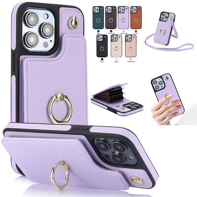 For iPhone 16 Pro Max 15 14 13 12 11 XS Crossbody Wallet Case with Ring Holder