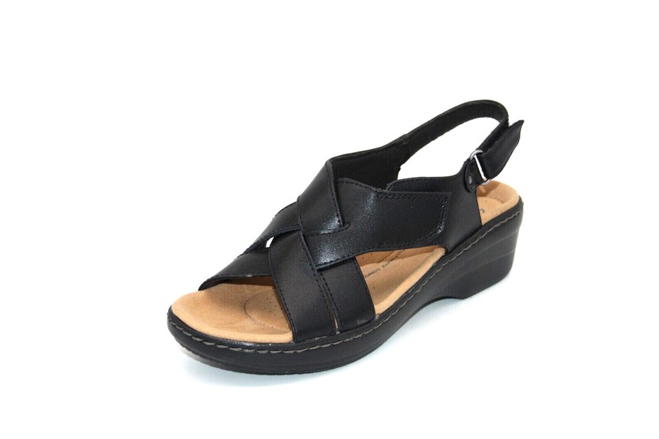 Women's Wedge Sandals Clarks Merliah Echo BLACK LEATHER 26172747 SIZE