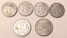 Lotto 6 monete Vichy Francia 1942 1943 1944 una (1) due (2) franchi seconda guerra mondiale ww2 francesi