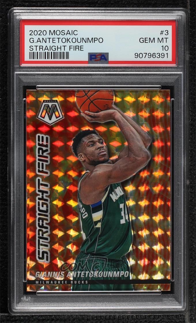 2020-21 Panini Mosaic Straight Fire Giannis Antetokounmpo #3 PSA 10 GEM MT 14t3