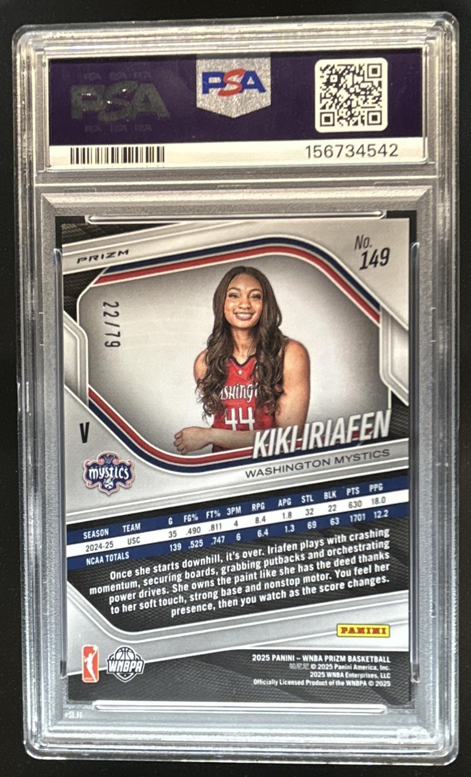 2025 Panini WNBA Prizm Kiki Iriafen RC Pink Velocity Rookie #/79 Mystics PSA 9 view 2