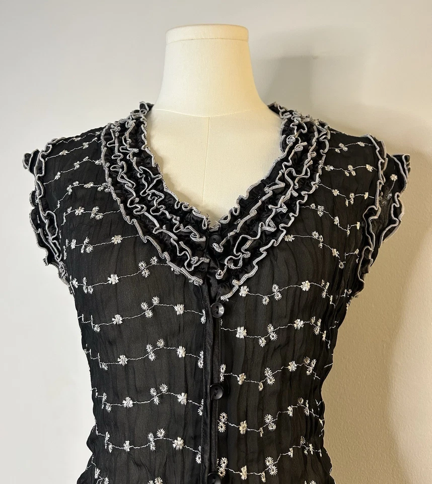 Top Whimsigoth Fairycore negro blanco con ojales crujientes con volantes coqueta para mujer’s L Foto 3 de 4