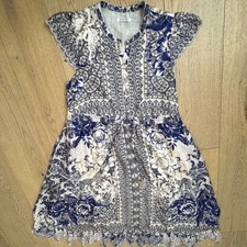 Johnny Was Filo Lucy Lined Silk Maxi Dress Womens XS Blue Floral Damask Eyelet