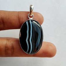 Natural Black Banded Agate Cabochon Pendant 925 Sterling Silver Handmade Jewelry
