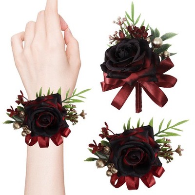 2 PCS Wine Red Rose Corsage Boutonniere Set Artificial Flower Prom Wedding