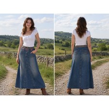 Cabi x Carol Anderson Boho Maxi Jean Skirt Size 8 M Embroidery Festival Western