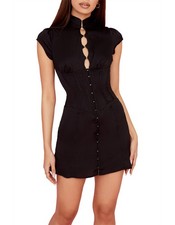 HOUSE OF CB Black Silky Satin Carmina Fluted Hourglass Corset Mini Dress S = 4/6