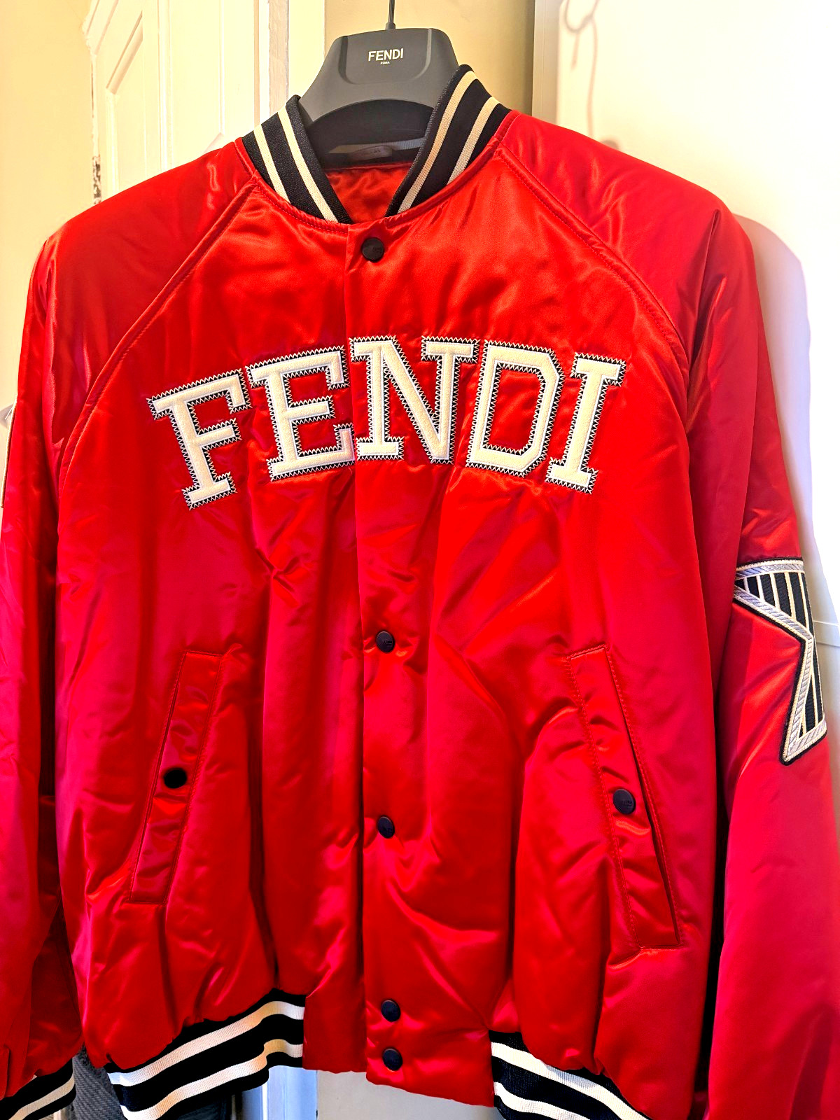 FENDI Multi-Patch Varsity Bomber Jacket Red Satin Size 50 IT Large Mens RARE