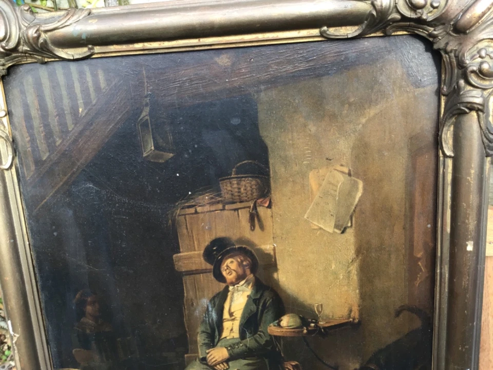 Cadre ancien bois doré chromo sur toile  icône l’homme qui boit scène de rue - Photo 3/4