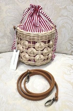 Handwoven Rattan Basket Purse Bag Round Drawstring Handbag Boho Beachy Red White
