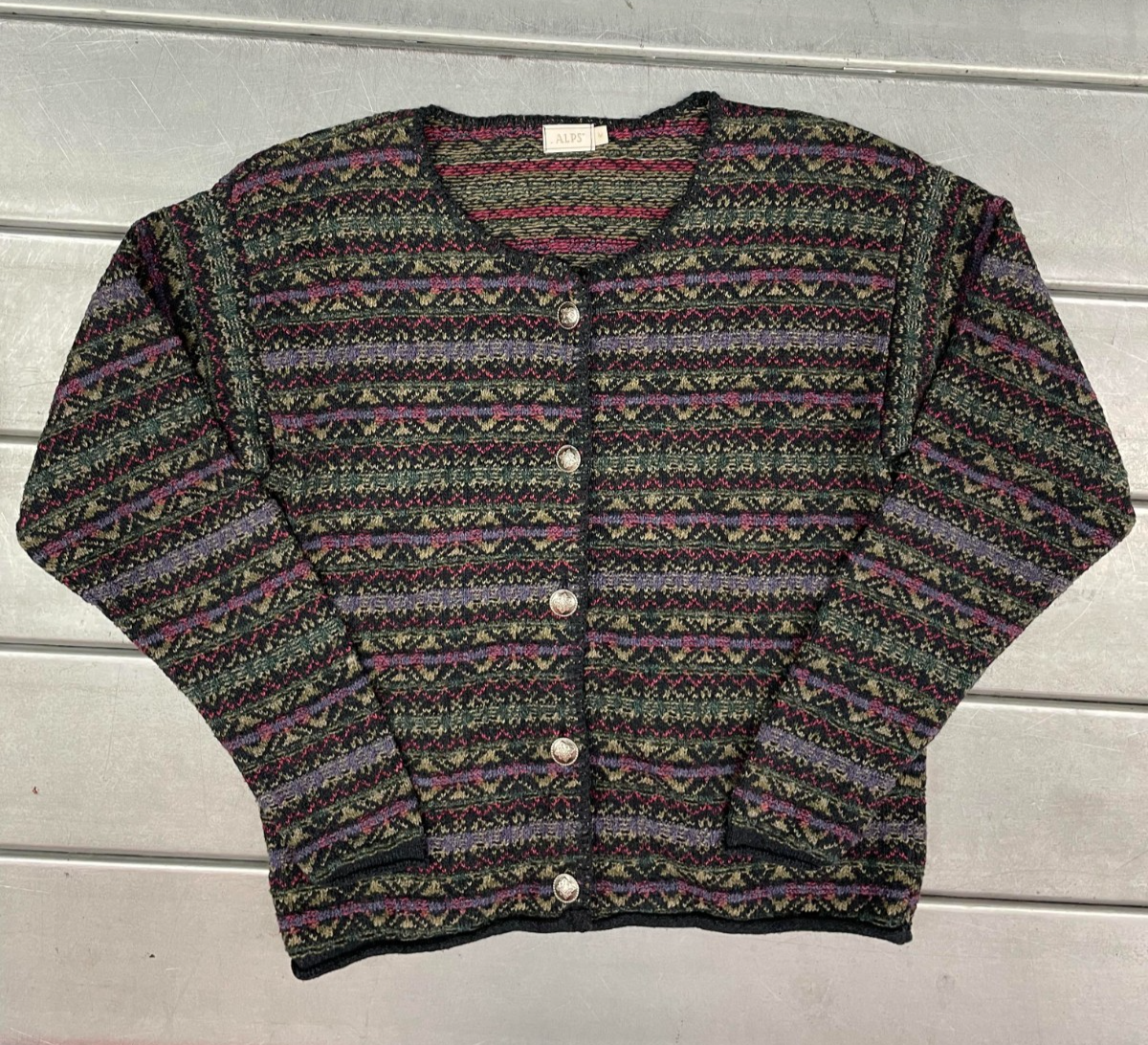 VTG Alps Cardigan Sweater Womens Medium Multicolor Fair Isle Geometric Button Up