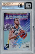 Stephen Curry 2018 Donruss Optic League Leaders Holo Auto Card #8 BAS 10 (Blue)