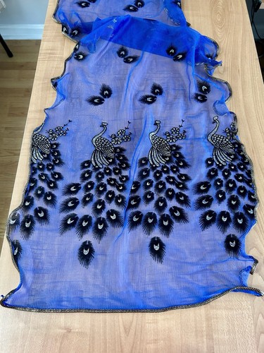 Peacock Scarf xlong blue/purple gold/silver beautiful 75 x 15 - Picture 2 of 7