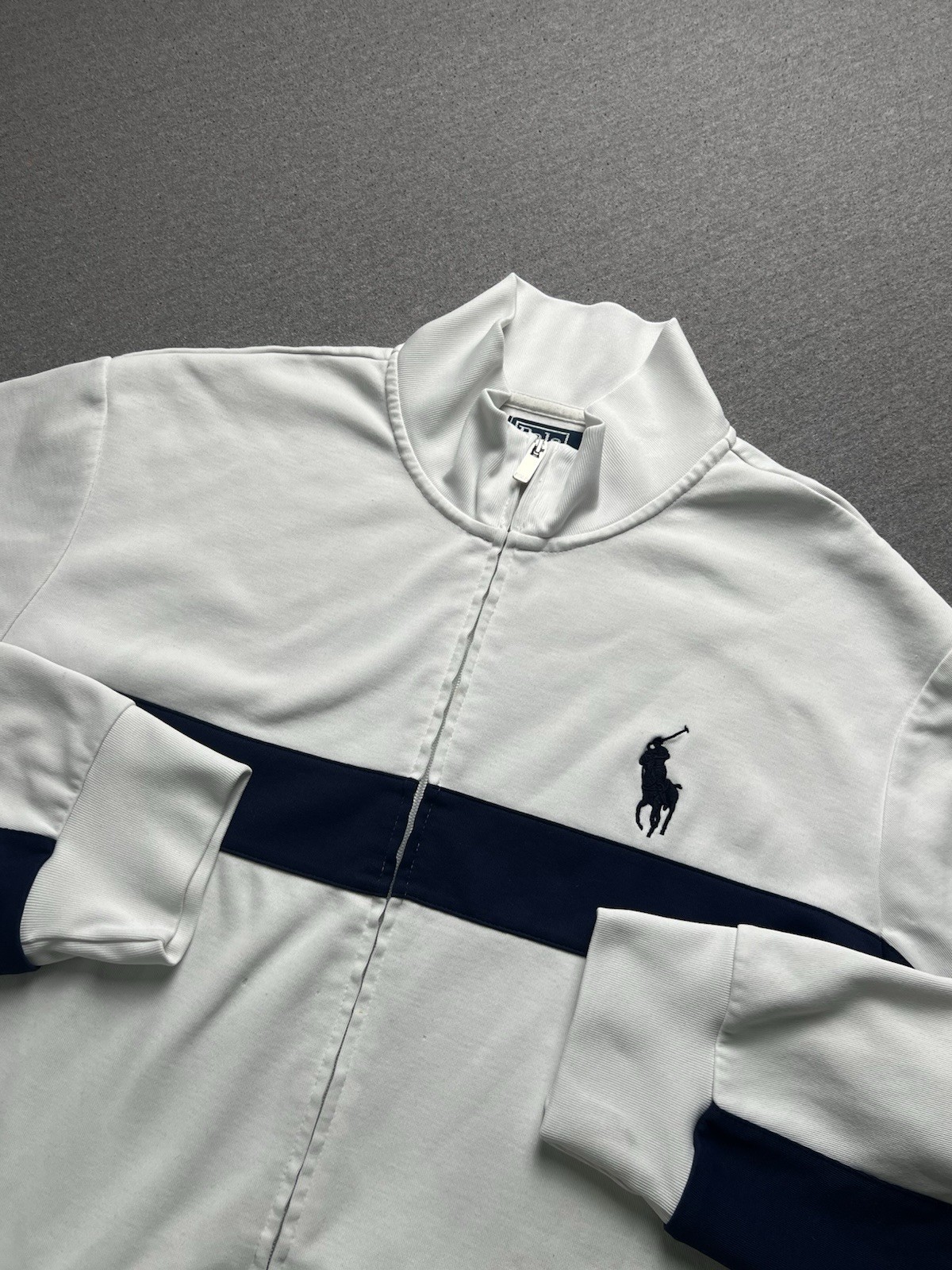 Polo Ralph Lauren giacca uomo 2XL bianco grigio grande pony ricamato pista full zip