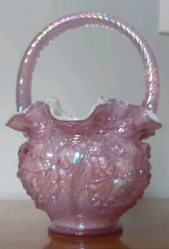 Fenton 1997 Pink Dusty Rose Poppy Overlay Iridescent Glass Basket Perfect!