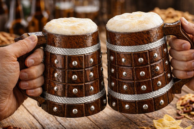 Wooden Beer Mug Tankard Set of 2 Viking Studded Handmade Rustic Stein