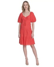 Vince Camuto Women's V-Neck Short-Puff-Sleeve Eyelet Dress Coral Size 12