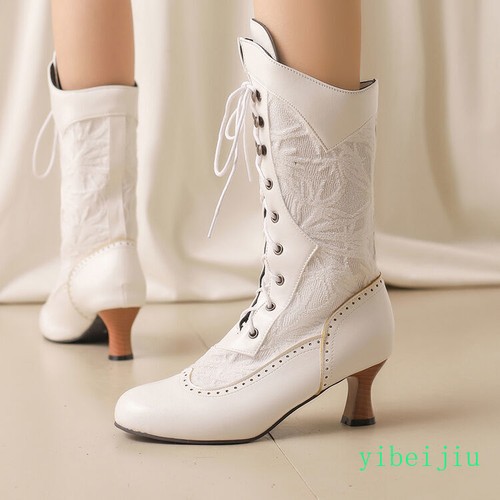 Women's Mid Calf Kitten Heel Ankle Boots Lace Up Leather Shoes Leather Vintage - Picture 23 of 30