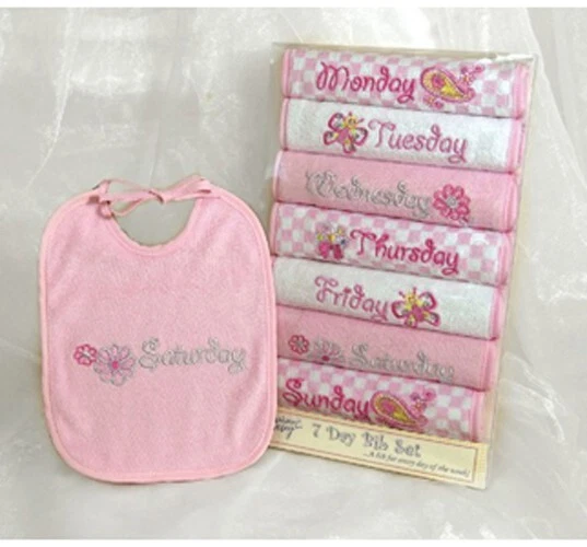 New Stephen Baby Infant Girl Pink Garden Days Of The Week 7 Piece Bib Set