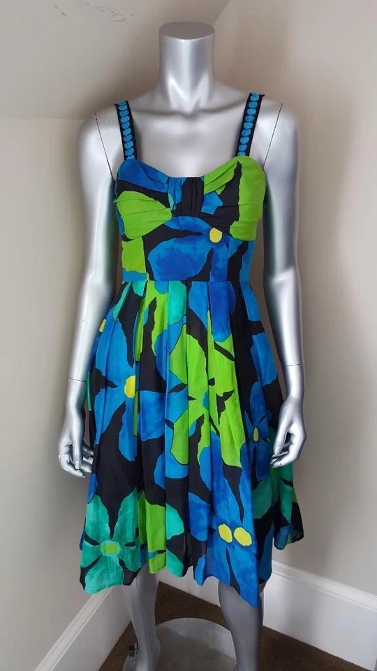 Vestido sin mangas JAX Designer azul verde floral algodón mezcla seda Imperio talla 2 nuevo sin etiquetas Foto 2 de 4