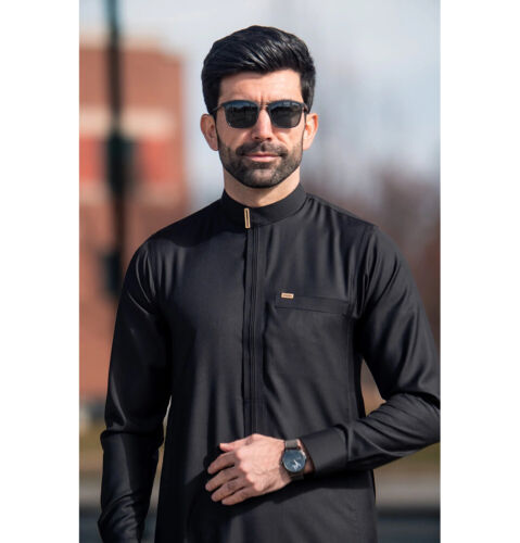 Men's Muslim Full Length Long Sleeve Middle East Islamic Thobe Elite 507 Black - Picture 4 of 4