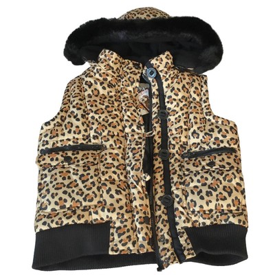 KC Collections Leopard Print Puffer Vest Faux Fur Zip Off Hood Size M (10) NWT