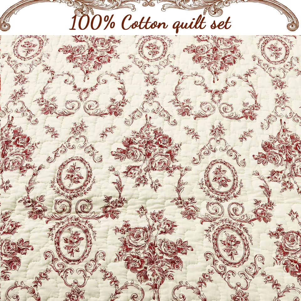 Juego de edredón medallón francés rojo borgoña 100 % algodón, colcha, cubrecama Foto 3 de 4