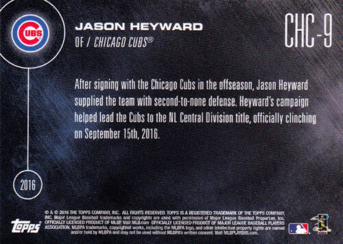 2016 TOPPS NOW CHC-9 Jason Heyward CHICAGO CUBS NL Central Champions Set Break - Picture 2 of 2