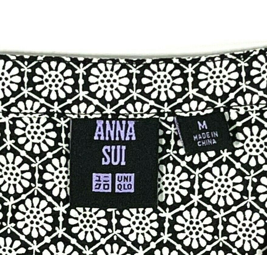 Anna Sui Uniqlo Black White Floral Ruffle Midi Dress Womens Medium Sweed thumbnail 4