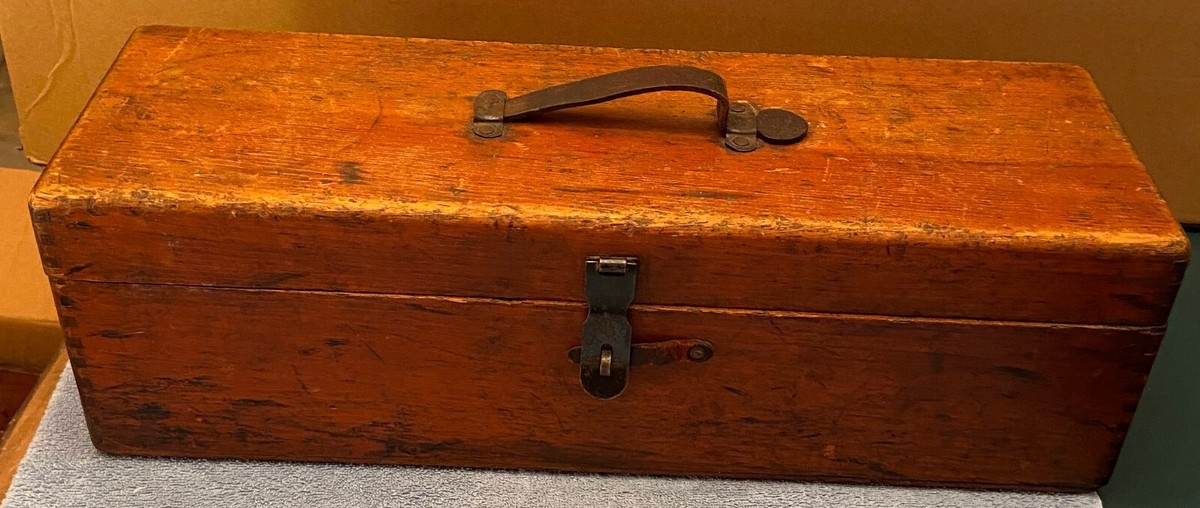 Antique Hand Made Wood Toolbox, Leather Strap Handle, Dovetail