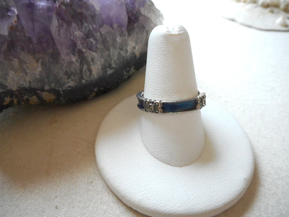 Sterling Silver 925 Judith Jack Marcasite Blue Enamel Band Ring RE2519 - Imagem 2 de 4