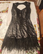 GUESS Womens Black Sequin Fitted Feather Trim Sz 2 Sleeveless Dress