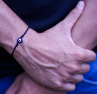 Handmade Blue Evil Eye Black String Bracelet – Turkish Eye Surfer Cord, Adjustable, Unisex