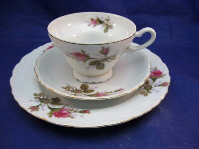 VINTAGE PEDESTAL TEA CUP, SAUCER SANDWICH PLATE EMBOSSED ROSE  DECORATION