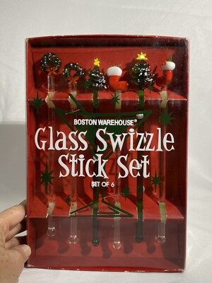 Boston Warehouse Set Of 6 Glass Swizzle Stick Set Christmas Tree