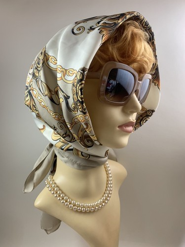 Vintage 1960s Polyester Scarf Beige Gold White Chain & Scroll Pattern 35 Inches - Picture 4 of 19