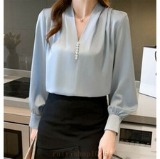 Fashion Women V Neck Long Sleeve Beaded Business Office Work Shirts Blouses Tops