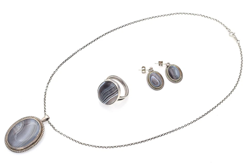 Juego de collar, anillo y pendientes colgantes de ágata de encaje de plata de ley vintage Foto 2 de 4