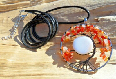 Tree of Life Orange Stones, Moon & Black Twisted Wire Disc Pendant Necklace 70cm