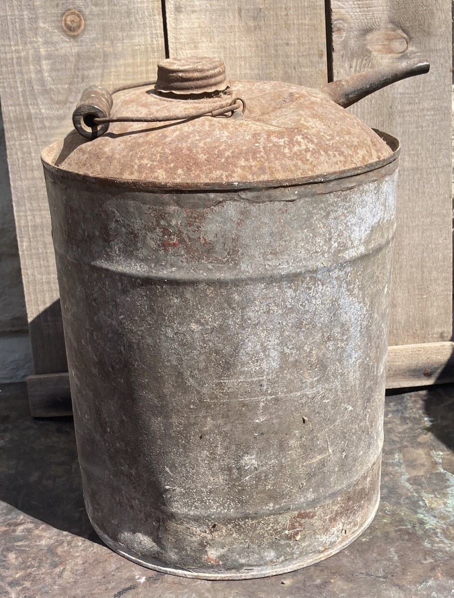 Vintage Antique Galvanized Metal Gas Oil Kerosene Can Wood Handle