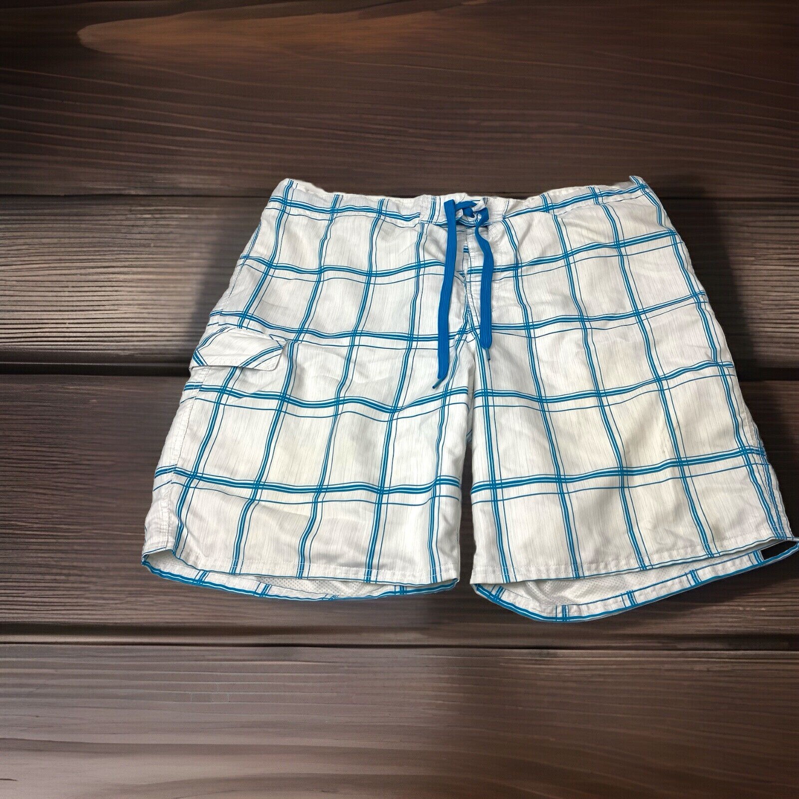 Op Ocean Pacific Men’s XL Extra Large White Blue Plaid Pocket Swim Trunks Shorts