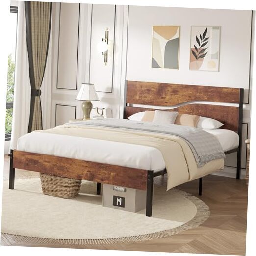 Queen Size Platform Bed Frame with Wood Headboard, Solid and Strong Metal