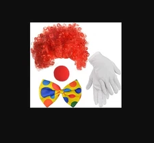 Clown Costume Red Wig Nose Bow Tie White Gloves Accessories Adults Men Women