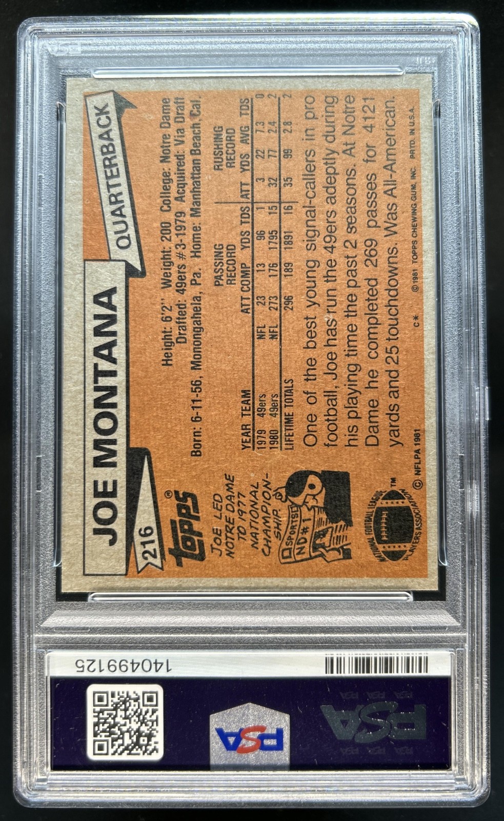 1981 Topps Joe Montana Rookie RC #216 49ers PSA 8 view 2