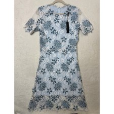 Elie Tahari Sky Blue White Floral Shimmer Dress Lace Overlay Lined US Size 8 NWT